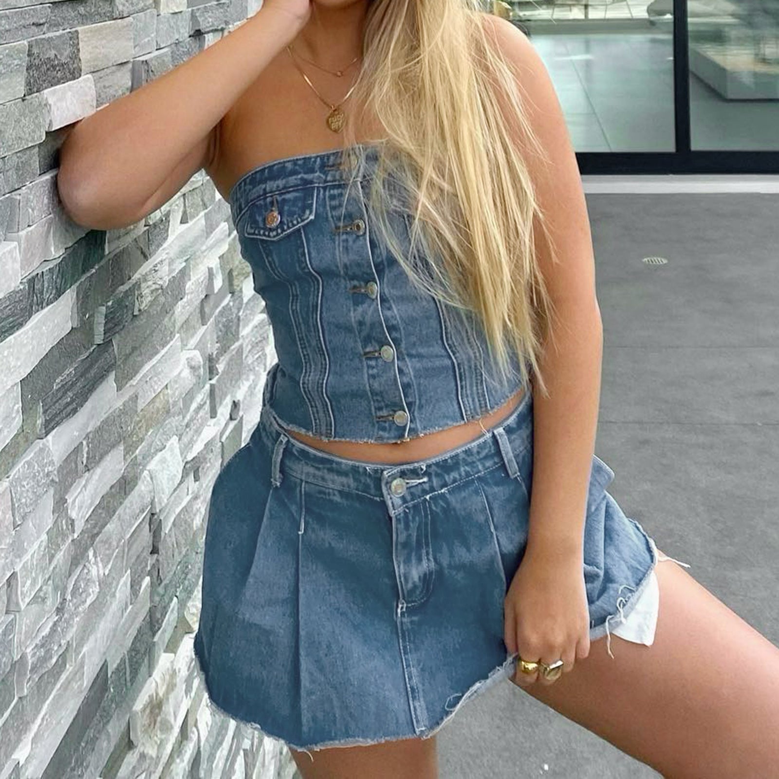 Damen Jeans-Top mit ärmellosem Design und Knopfleiste R&B