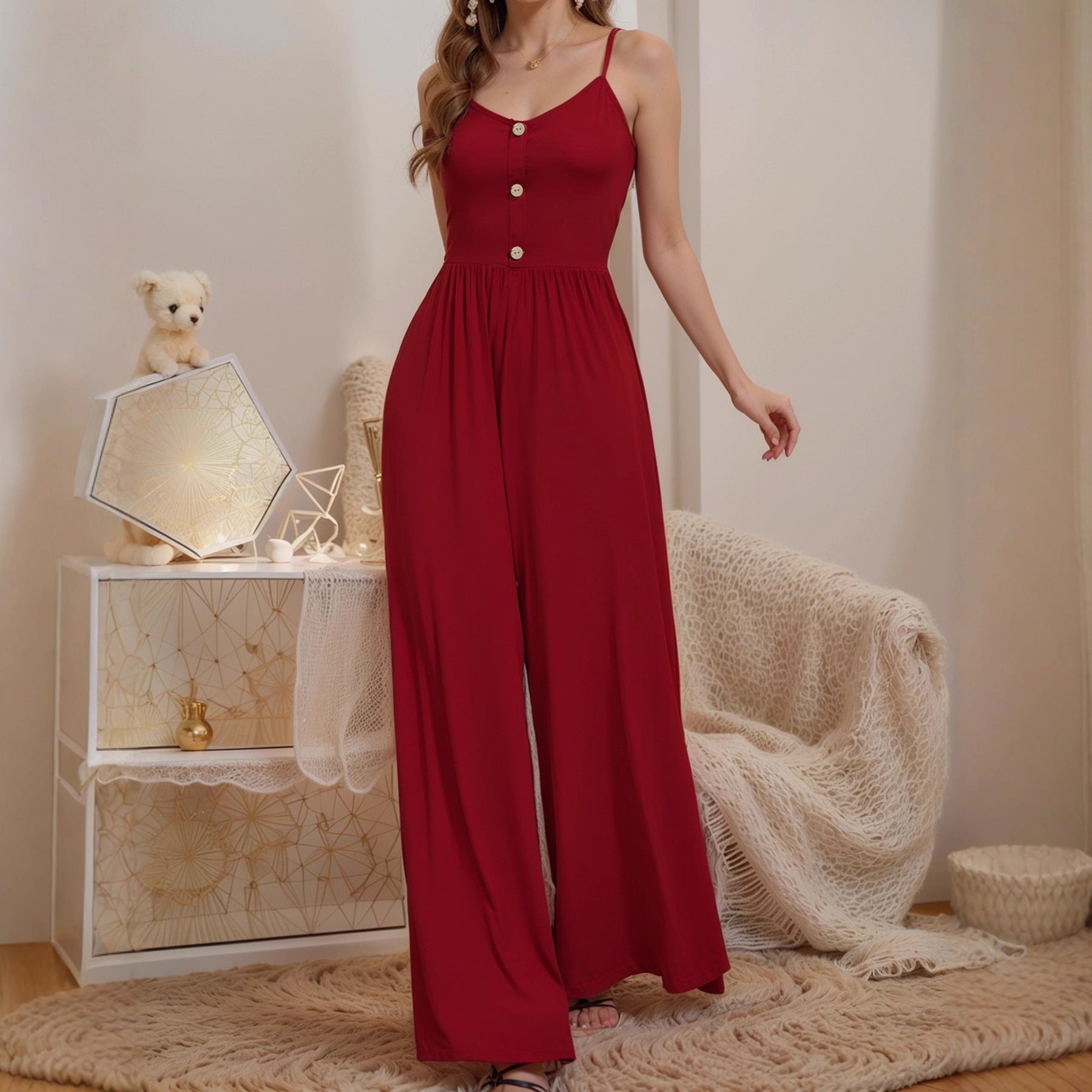 Damen Jumpsuit mit knöpfbarem Oberteil und weitem Bein R&B