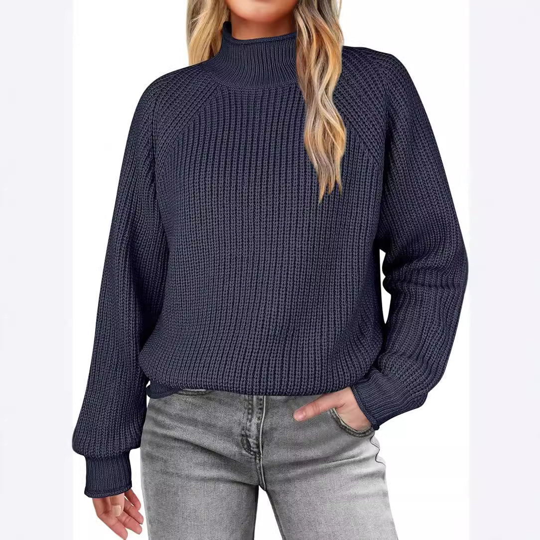 Damen modischer Strickpullover mit hohem Kragen und strukturierter Oberfläche R&B
