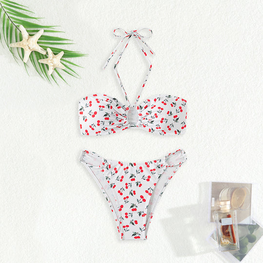 Damen Bandeau-Bikini-Set mit verspieltem Kirschmuster R&B