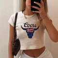 Damen Crop-Top mit kreativem Cow-Motiv und figurbetontem Schnitt R&B
