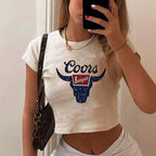 Damen Crop-Top mit kreativem Cow-Motiv und figurbetontem Schnitt R&B