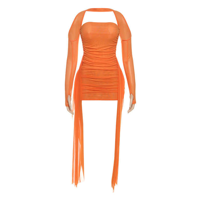 Damen Elegantes Minikleid mit raffinierten Rüschen und transparenten Ärmeln R&B