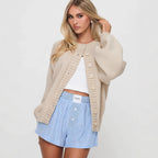 Damen gemütliche Strickjacke mit dekorativen Knopfdetails und voluminösen Ärmeln R&B