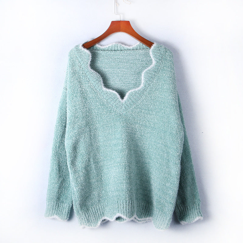 Damen lässiger Strickpullover mit weitem V-Ausschnitt und asymmetrischem Saum R&B