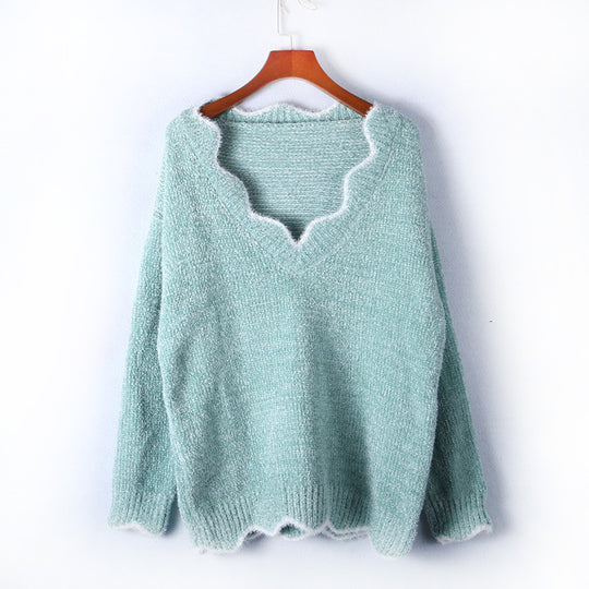 Damen lässiger Strickpullover mit weitem V-Ausschnitt und asymmetrischem Saum R&B