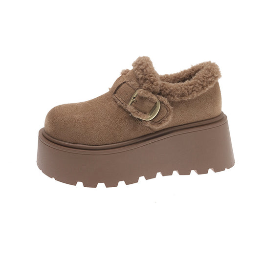 Damen Plüschige Slipper mit robustem Plateau und eleganter Schnalle R&B