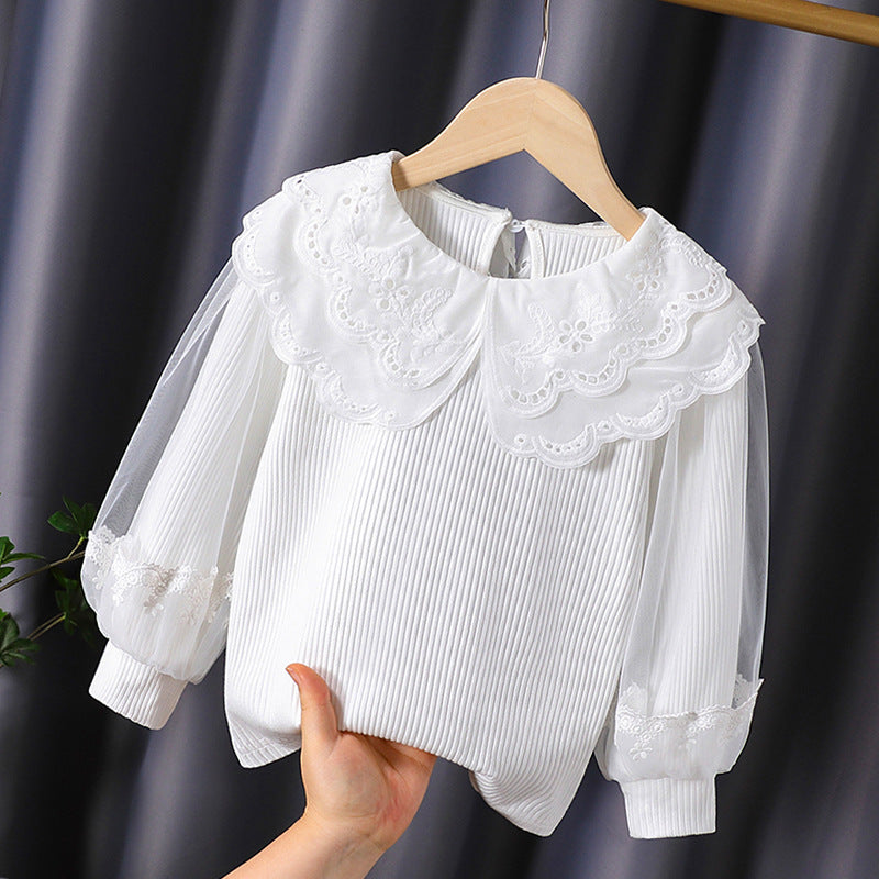 Mädchen modische Bluse mit elegantem Spitzenkragen und Tüllärmeln R&B
