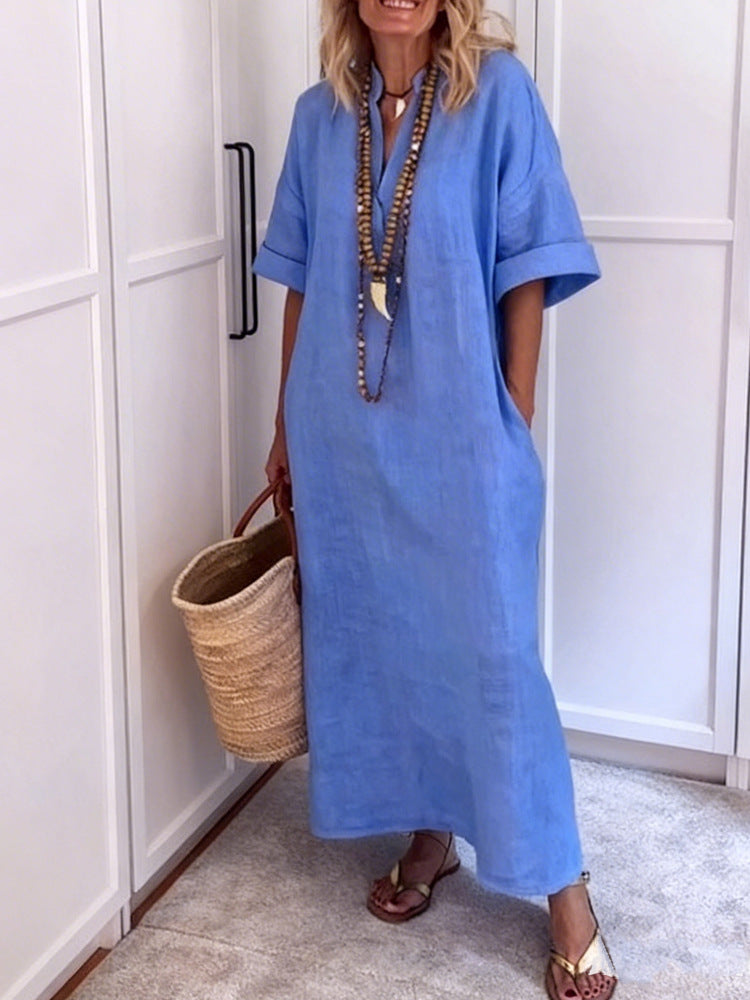 Damen Leinen Maxikleid mit V-Ausschnitt und praktischen Taschen R&B