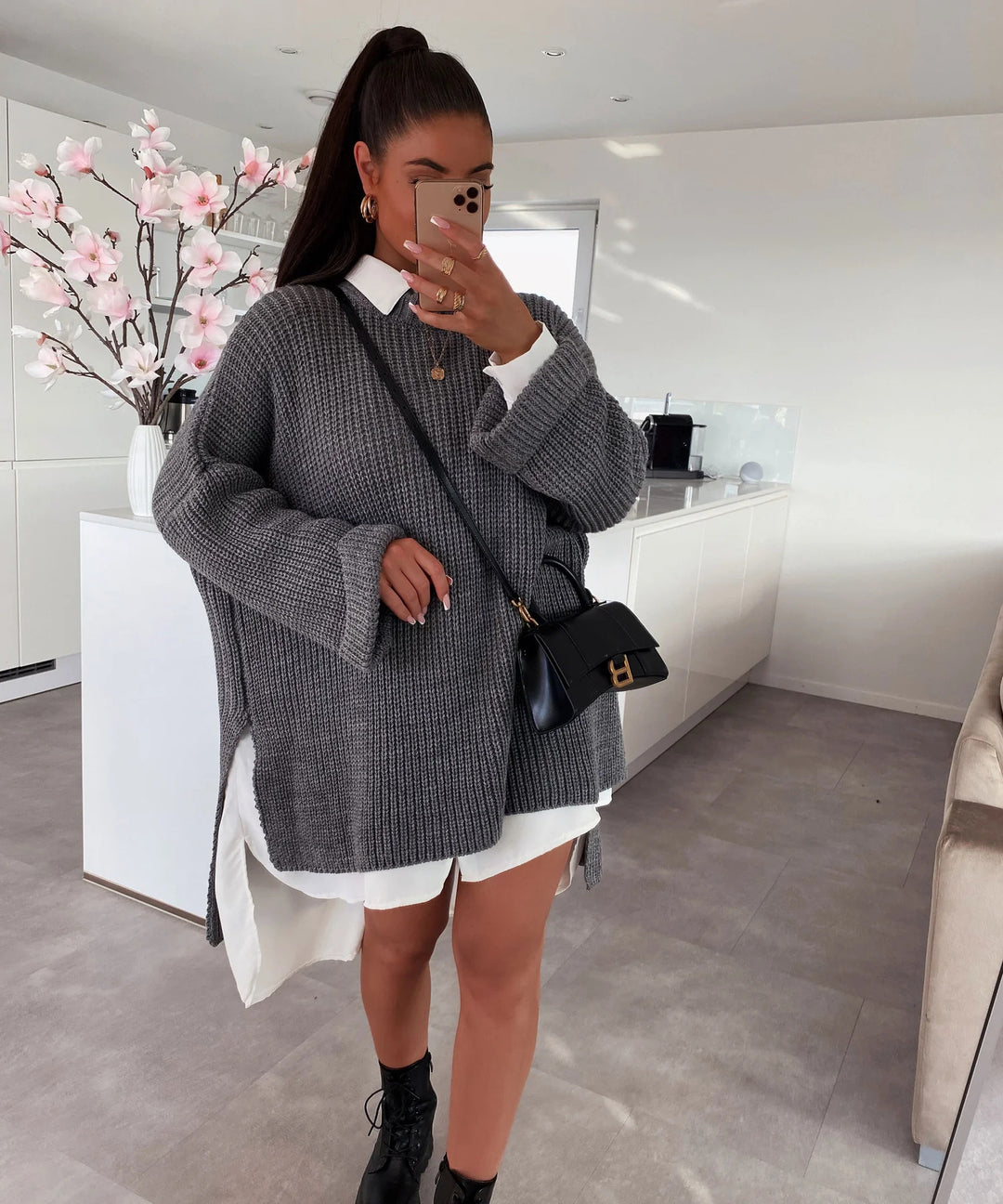 Damen grob gestrickter Oversize-Pullover mit V-Ausschnitt und lässigem Schnitt R&B