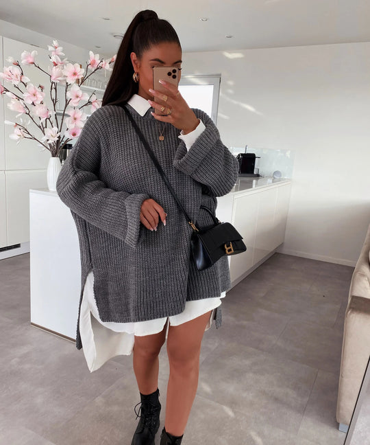 Damen grob gestrickter Oversize-Pullover mit V-Ausschnitt und lässigem Schnitt R&B