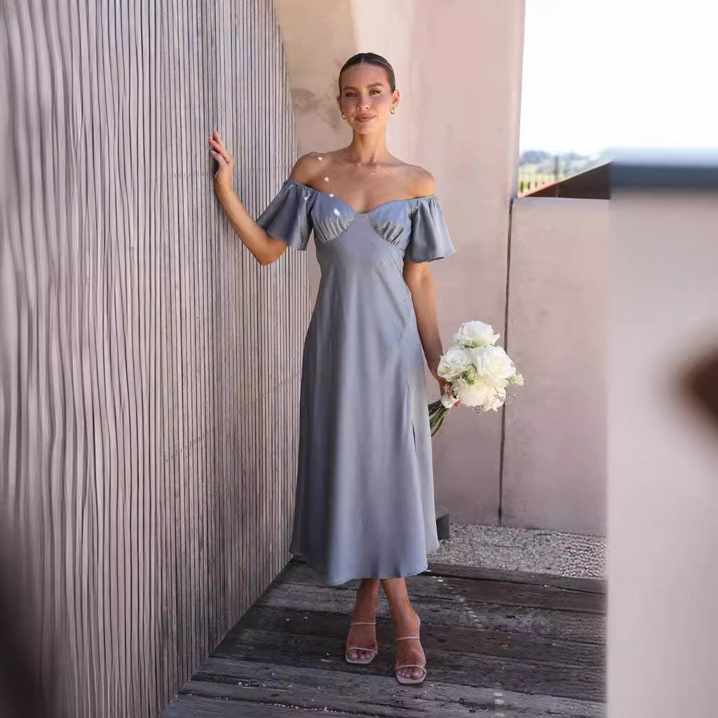 Damen elegantes Off-Shoulder Maxikleid mit seitlichem Schlitz und luftigen Rüschendetails R&B