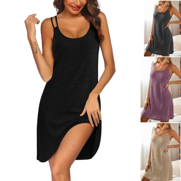 Damen Rippenoptik Spaghettiträger Mini Kleid R&B