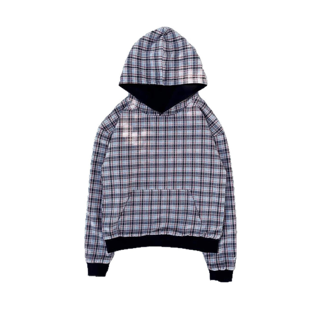 Damen nan kurz geschnittenes Kapuzensweatshirt mit kariertem Flanellfutter und Kängurutasche R&B