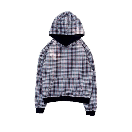 Damen nan kurz geschnittenes Kapuzensweatshirt mit kariertem Flanellfutter und Kängurutasche R&B