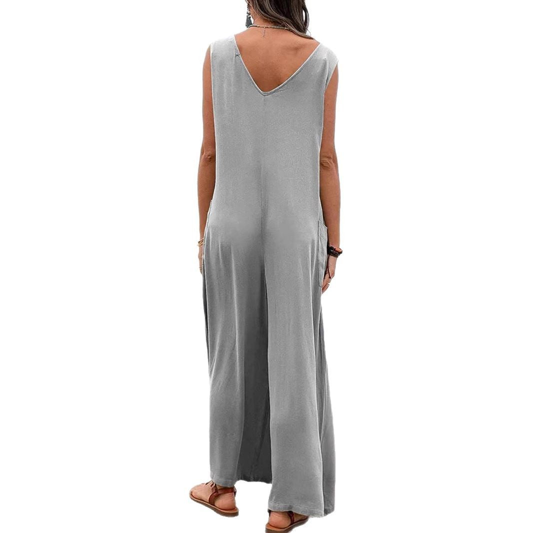 Damen Weit geschnittene Sommer-Jumpsuit mit praktischen Taschen und V-Ausschnitt R&B