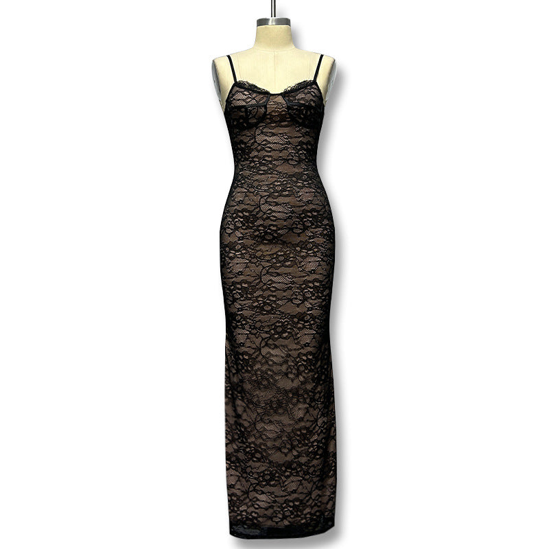 Damen Elegantes Spitzenmaxikleid mit tiefem Ausschnitt und enganliegender Silhouette R&B