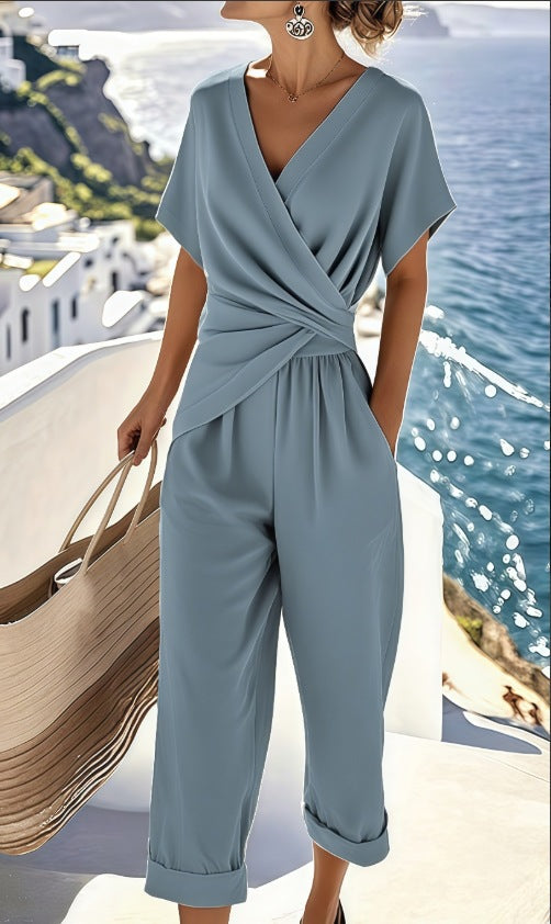 Damen Eleganter Jumpsuit mit Wickeloptik und breiten Beinen R&B