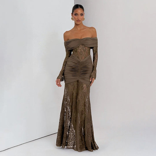 Damen Elegantes Langarm-Spitzenkleid mit Raffungen und schulterfreiem Design R&B