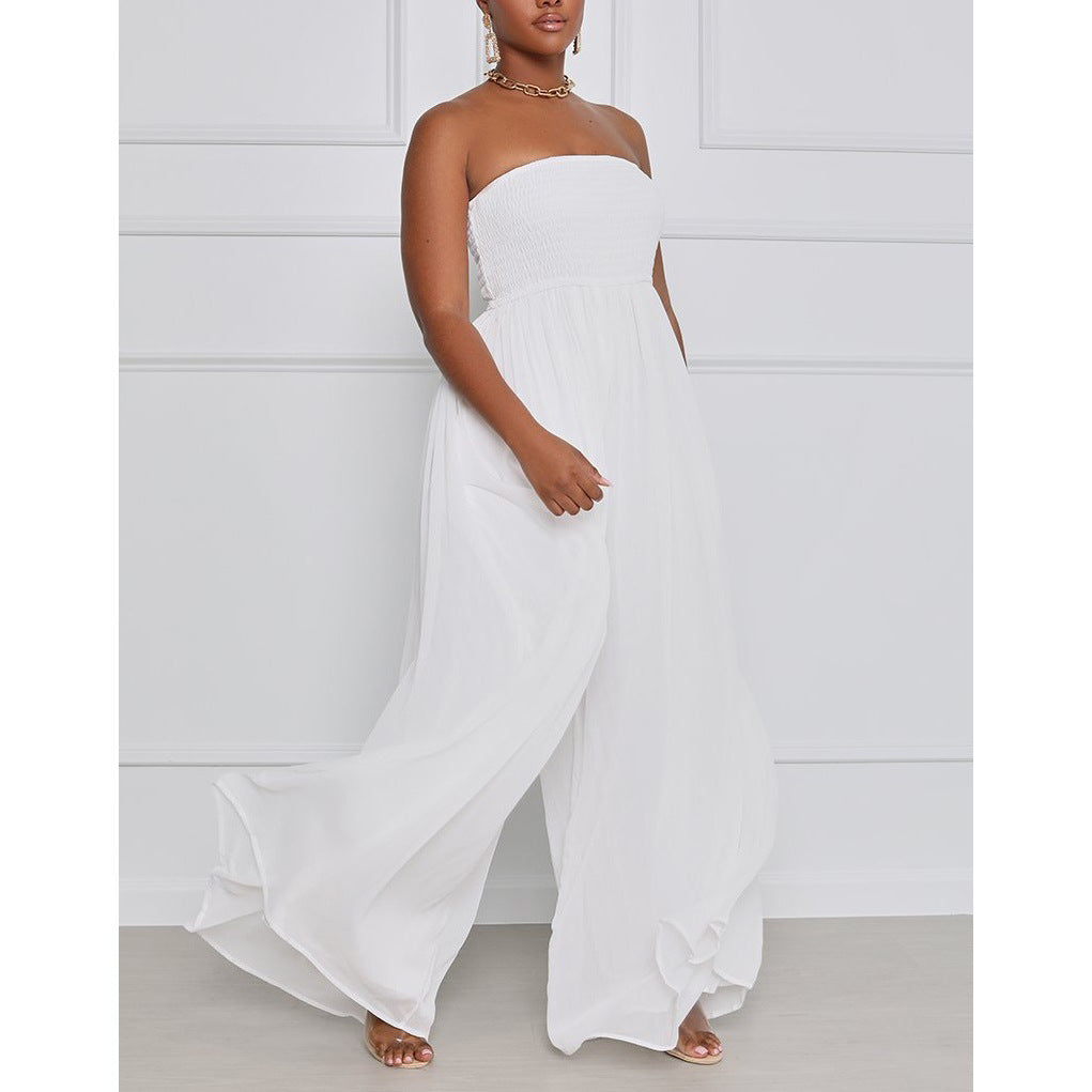 Damen eleganter Jumpsuit mit schulterfreiem Design und elastischem Oberteil R&B