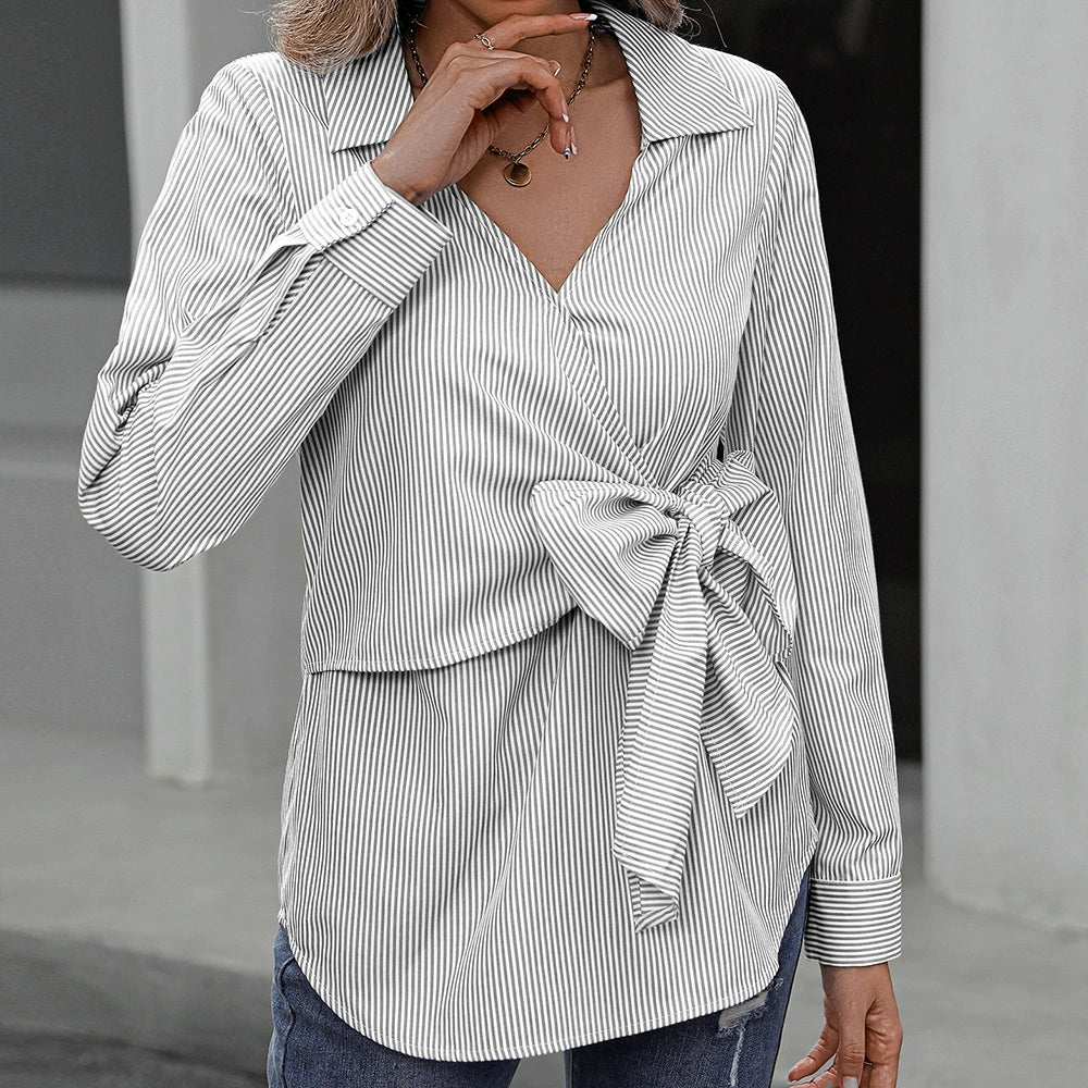 R&B | Langarm Slim Fit Bindegurt in der Taille Streifenmuster Baumwollmischung