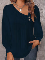Damen Modisches Langarmshirt mit plissierter Textur und dekorativen Knöpfen R&B