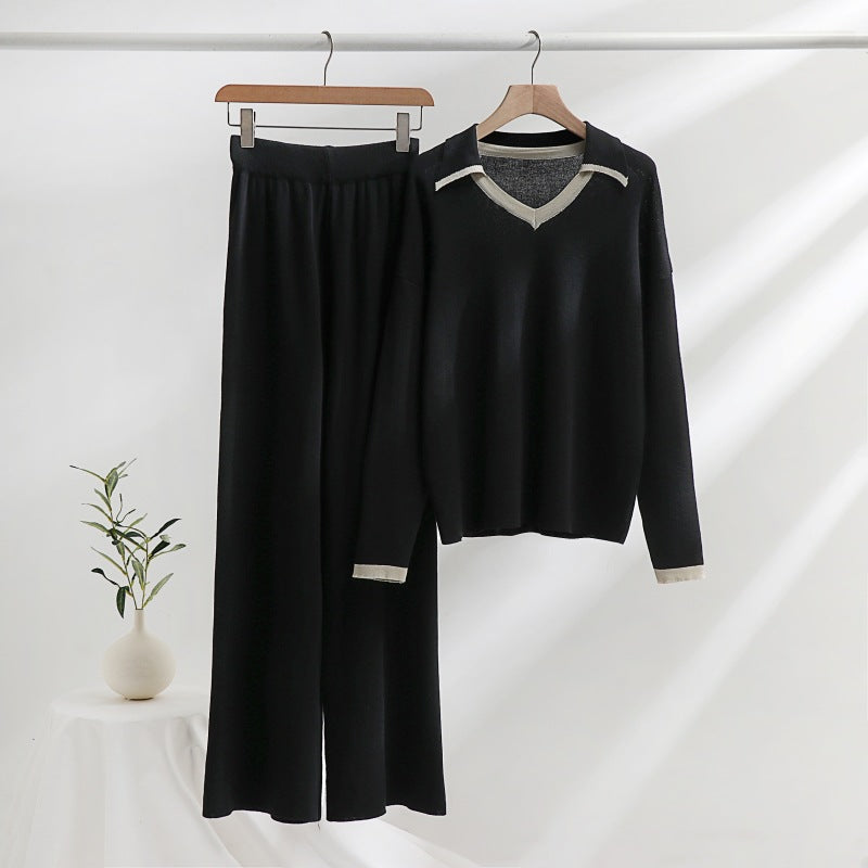 Damen gemütliches Strick-Loungewear-Set mit kontrastierendem Kragen und weitem Bein R&B