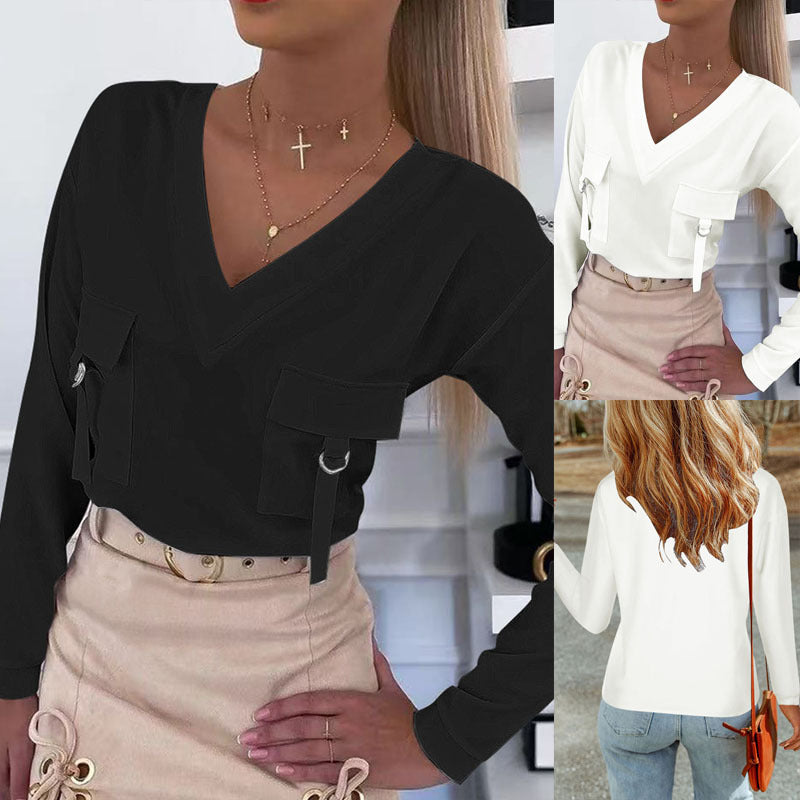 Damen V-Ausschnitt Pullover mit aufgesetzten Taschen R&B