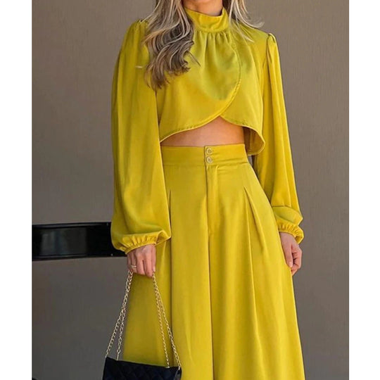 Damen Modisches Zweiteiler-Set mit elegantem Cropped-Oberteil und weit geschnittenen Hosen R&B