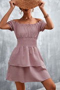Damen Off-Shoulder Sommerkleid mit rüschenförmigem Saum und elastischem Taillenbund R&B