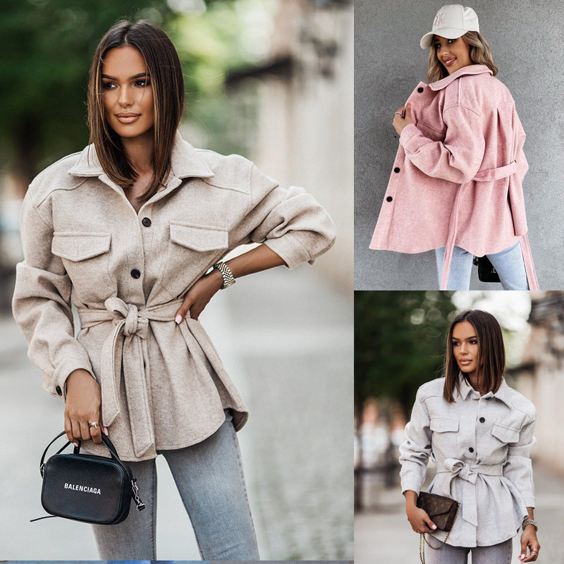 Damen modische Oversized-Jacke mit Gürtel und dekorativen Taschen R&B