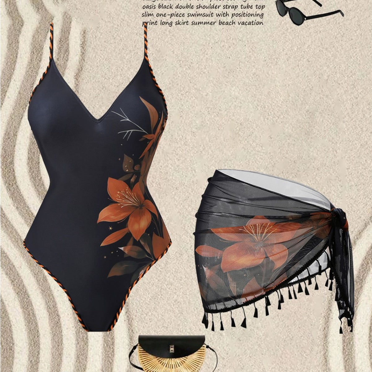 Damen R&BBadeanzug mit floralem Design und transparentem Wickelrock R&B