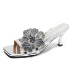 Damen elegante Sandalen mit funkelndem Blumen-Design und komfortablem Absatz R&B
