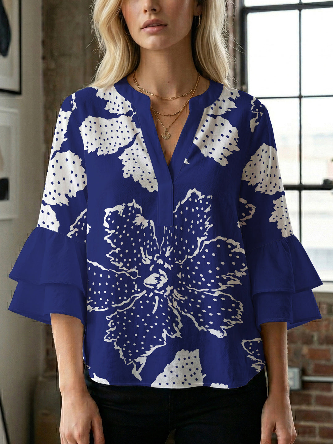 Damen elegantes Blusenshirt mit voluminösen Rüsenärmeln und grafischem Blumendesign R&B
