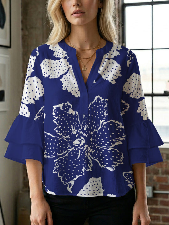 Damen elegantes Blusenshirt mit voluminösen Rüsenärmeln und grafischem Blumendesign R&B