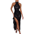 Damen Glamouröses Abendkleid mit Schlitz und Hochkragen R&B