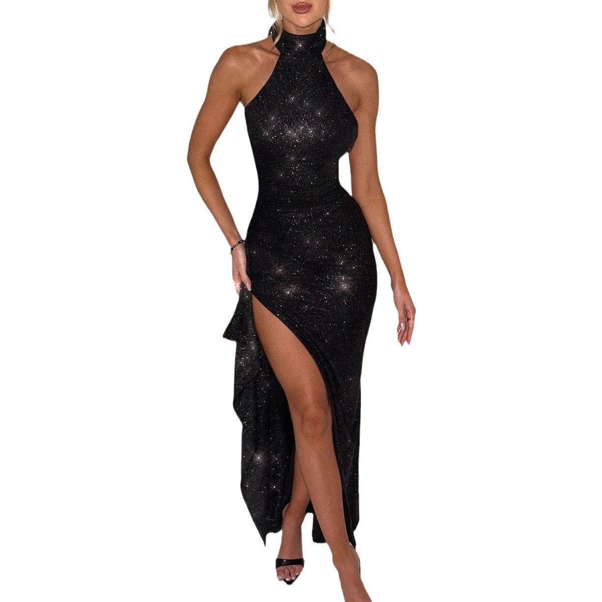 Damen Glamouröses Abendkleid mit Schlitz und Hochkragen R&B
