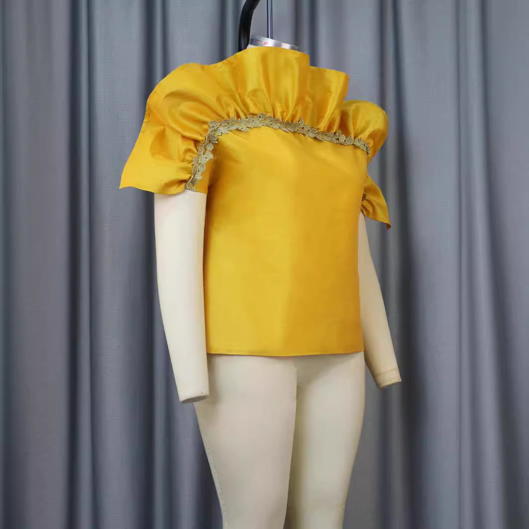 Damen Elegantes Oberteil mit voluminösen Puffärmeln und zarten Spitzenakzenten R&B