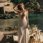 Damen gehäkeltes Maxikleid mit tiefem V-Ausschnitt und seitlichem Cut-Out R&B