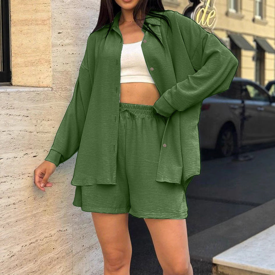 Damen lässiges Kurzarm-Set mit geknöpfter Bluse und bequemen Shorts R&B