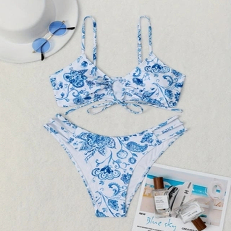 Damen Bikini-Set mit floralem Wickeldetail und hochgeschnittenem Slip R&B