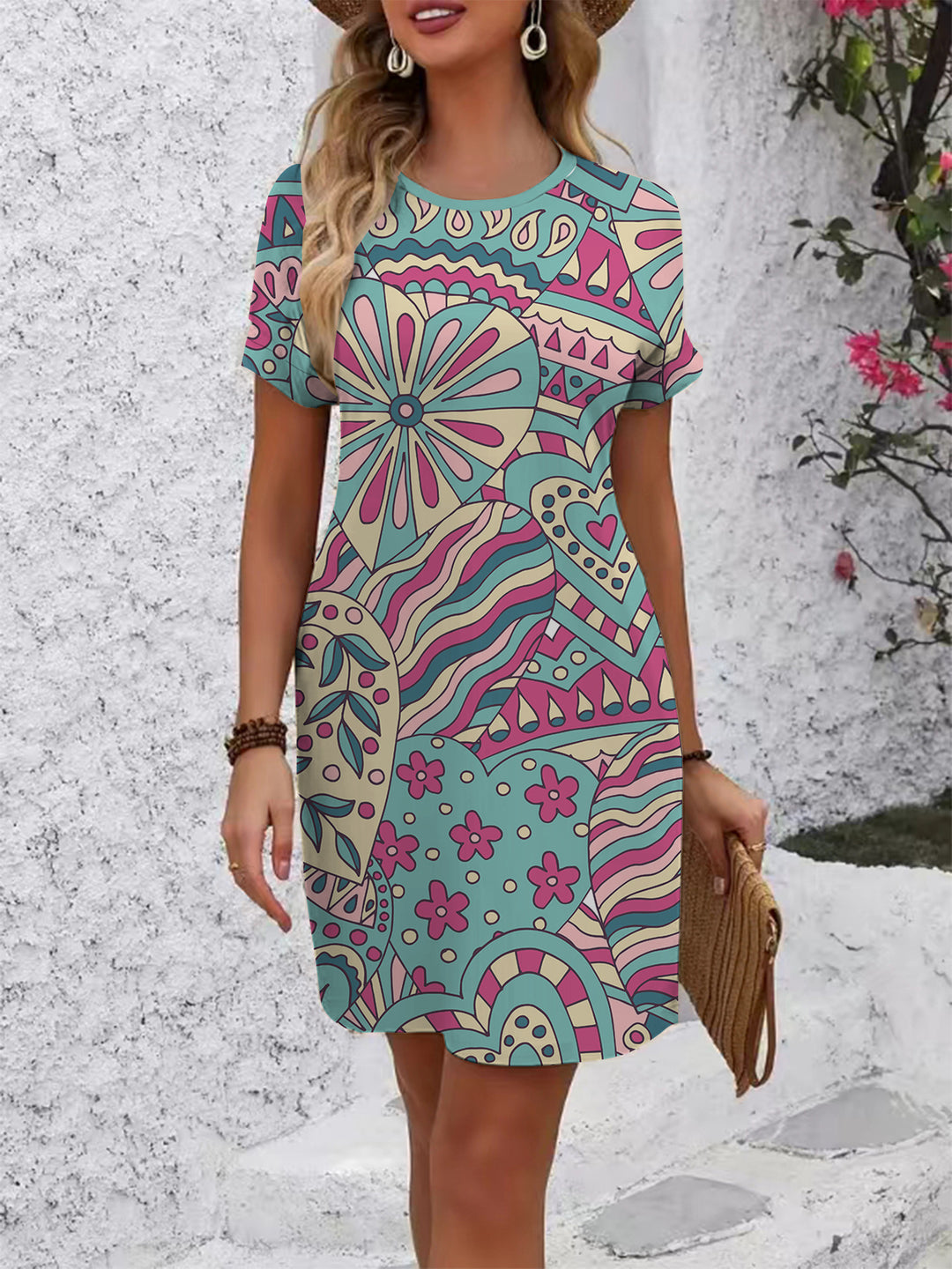 Damen lässiges Blümchenkleid mit Rundhalsausschnitt und lockerer Passform R&B