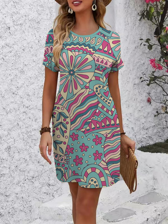 Damen lässiges Blümchenkleid mit Rundhalsausschnitt und lockerer Passform R&B