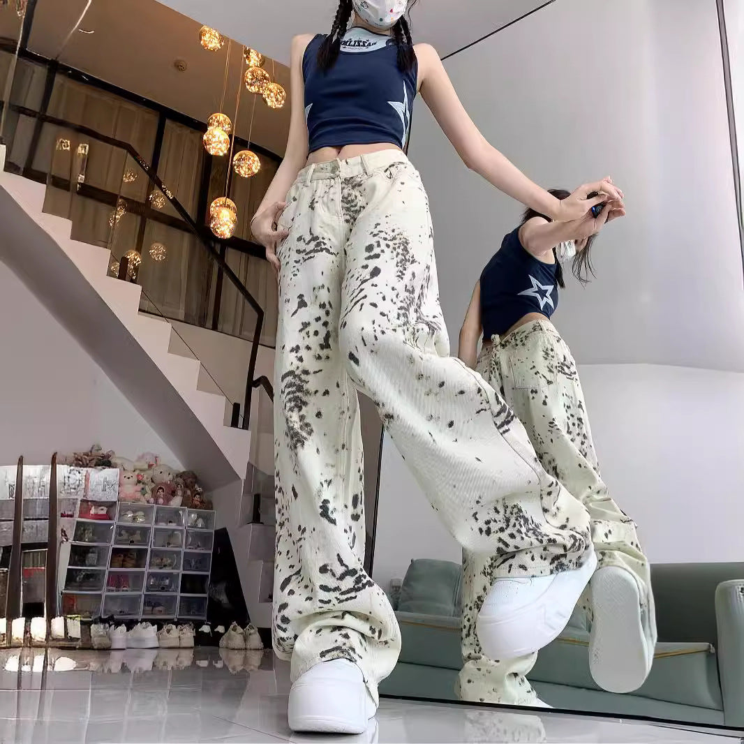 Damen weite Cargo-Jeans mit einzigartigem Muster und hoch tailliertem Schnitt R&B