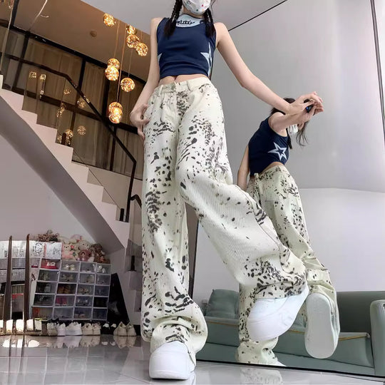 Damen weite Cargo-Jeans mit einzigartigem Muster und hoch tailliertem Schnitt R&B