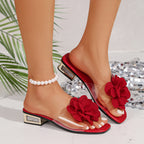 Damen Slides mit floralen Applikationen und funkelndem Blockabsatz R&B