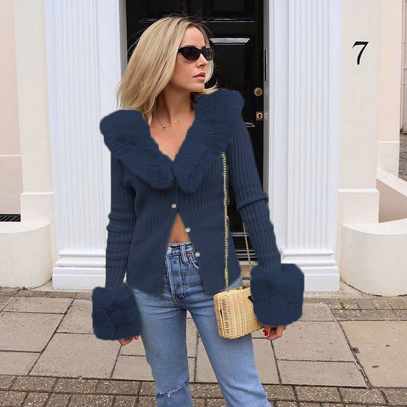 Damen Strickjacke mit luxuriösem Pelzkragen und modischen Puffärmeln R&B