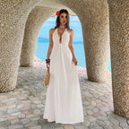 Damen Maxi-Urlaubs- und Strandkleid mit tiefem V-Ausschnitt und Rückenlöcher R&B