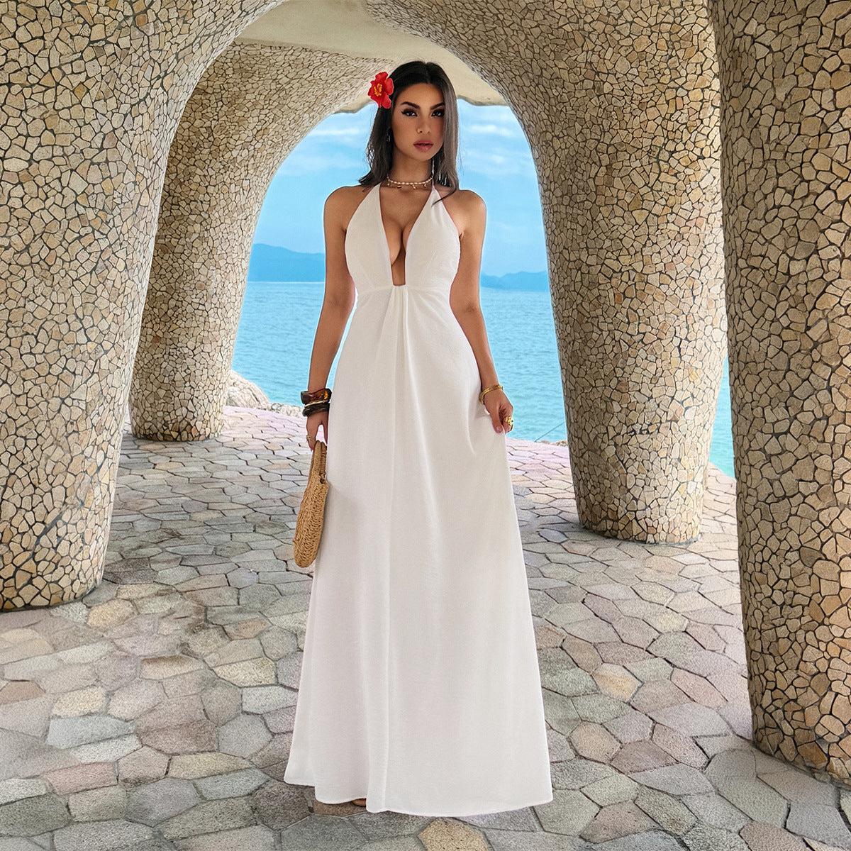 Damen Maxi-Urlaubs- und Strandkleid mit tiefem V-Ausschnitt und Rückenlöcher R&B