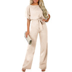 Damen langer Jumpsuit mit innovativem Bindegürtel und angeschnittenen Ärmeln R&B
